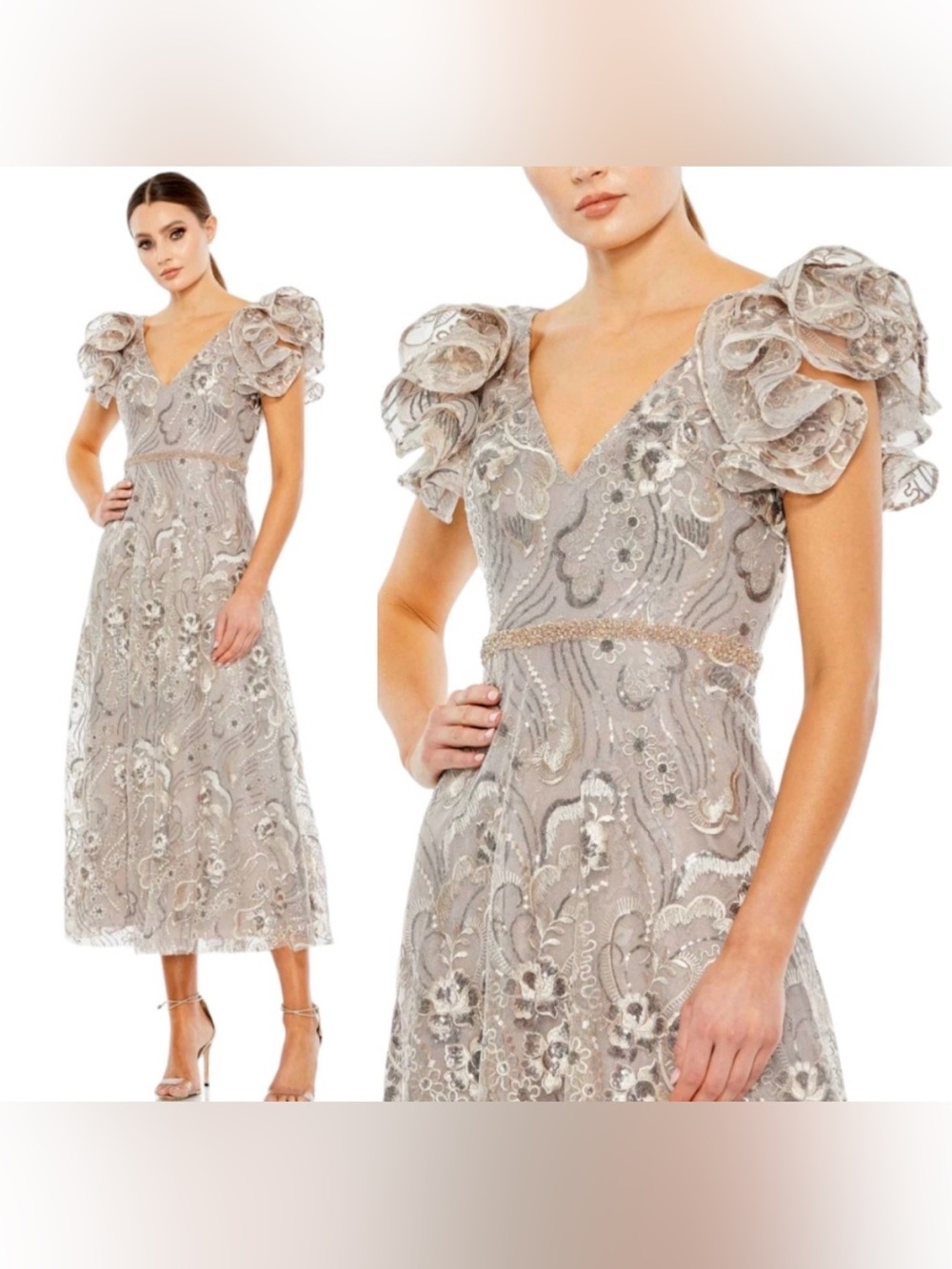 Mac Duggal Gray Silver Sequin Lace Ruffle Sleeve Midi Dress Size 2